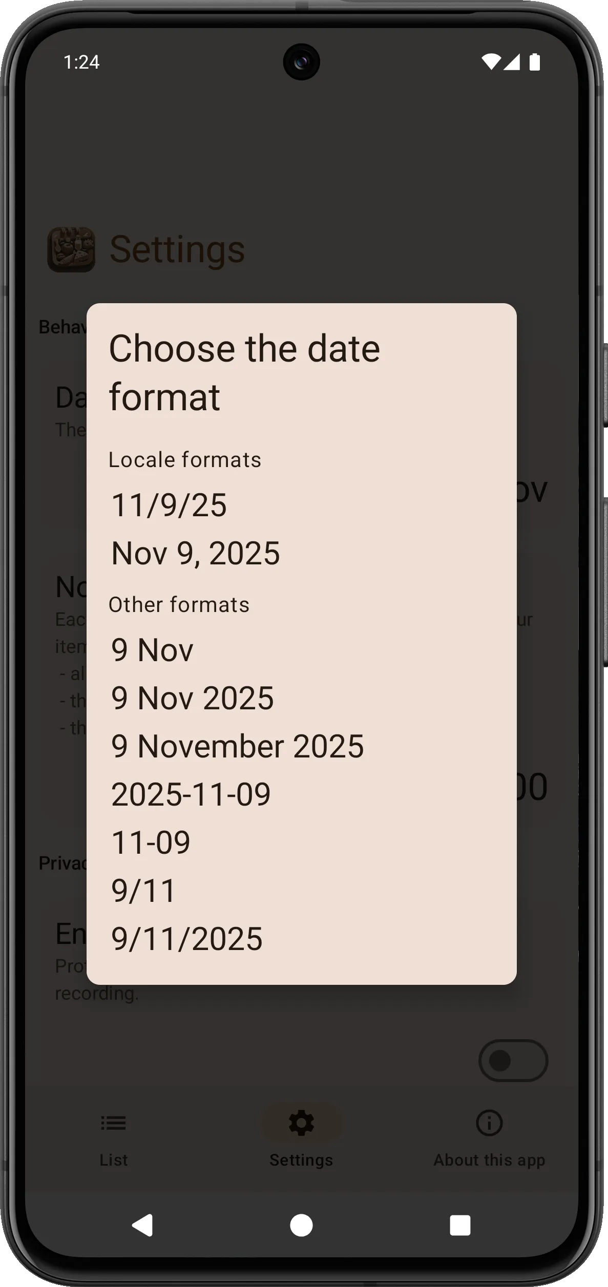 Old style of date format selection screen